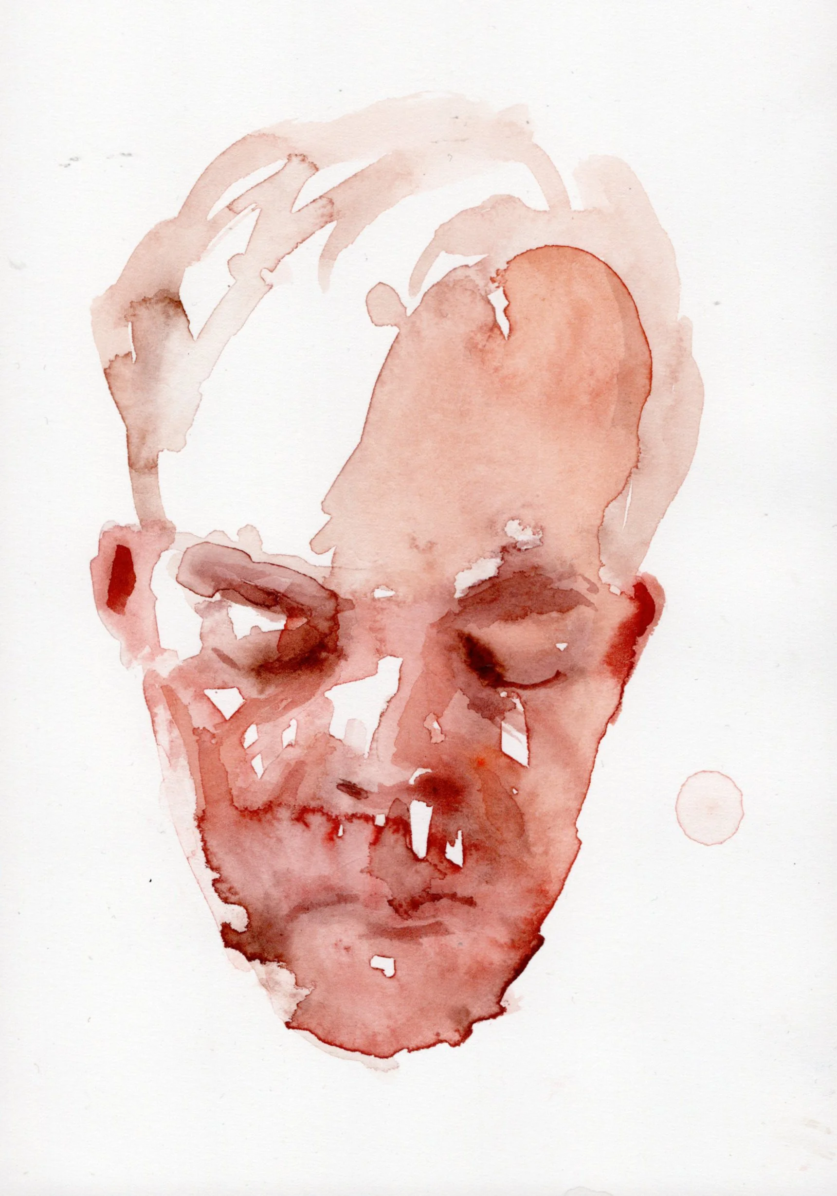 Watercolor-style portrait of a person's face with eyes closed, using shades of red and brown.