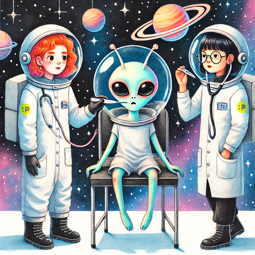 Astronaut doctors examining alien with thermometer in space, planets in background.