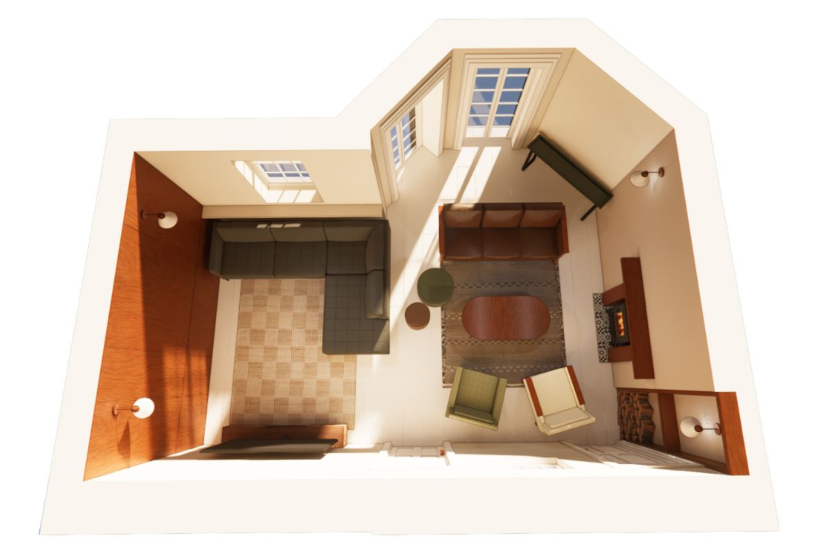 Living room divided into functional zones using furniture placement and thoughtful interior design.