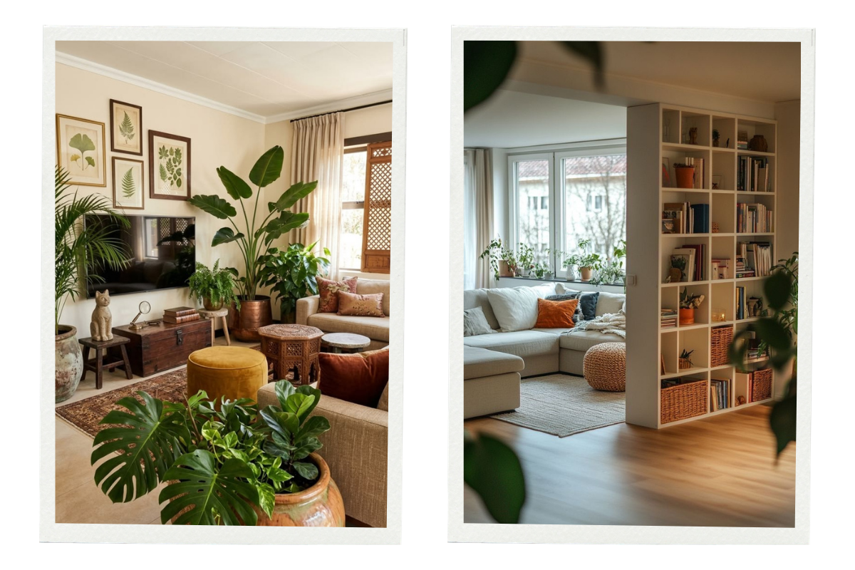 Open shelving displaying books, ceramics and plants to add character and storage.