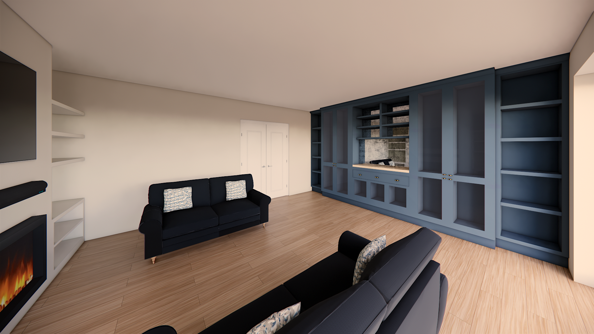 Elegant Georgian-style living room in Bath with cinema-style television and bespoke cabinetry