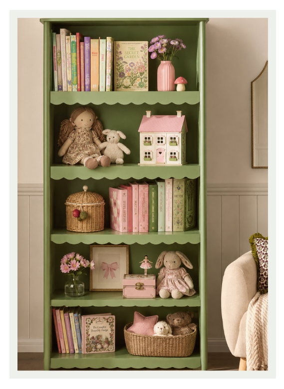 Practical storage ideas for a child's bedroom with shelves, baskets and organised furniture.