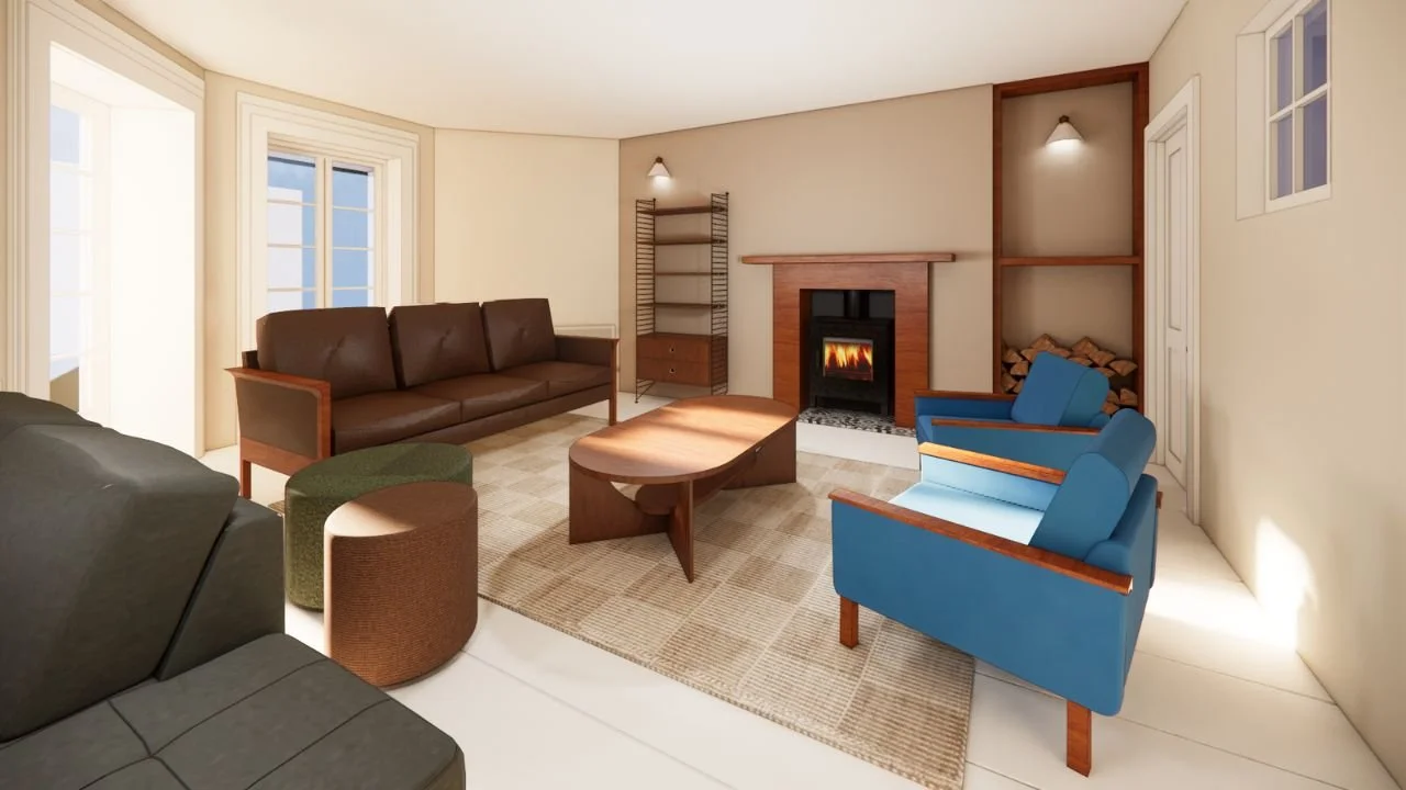 Modern Deco interior colour palette featuring warm tobacco brown, olive green, dusty pink, walnut wood and tactile fabrics