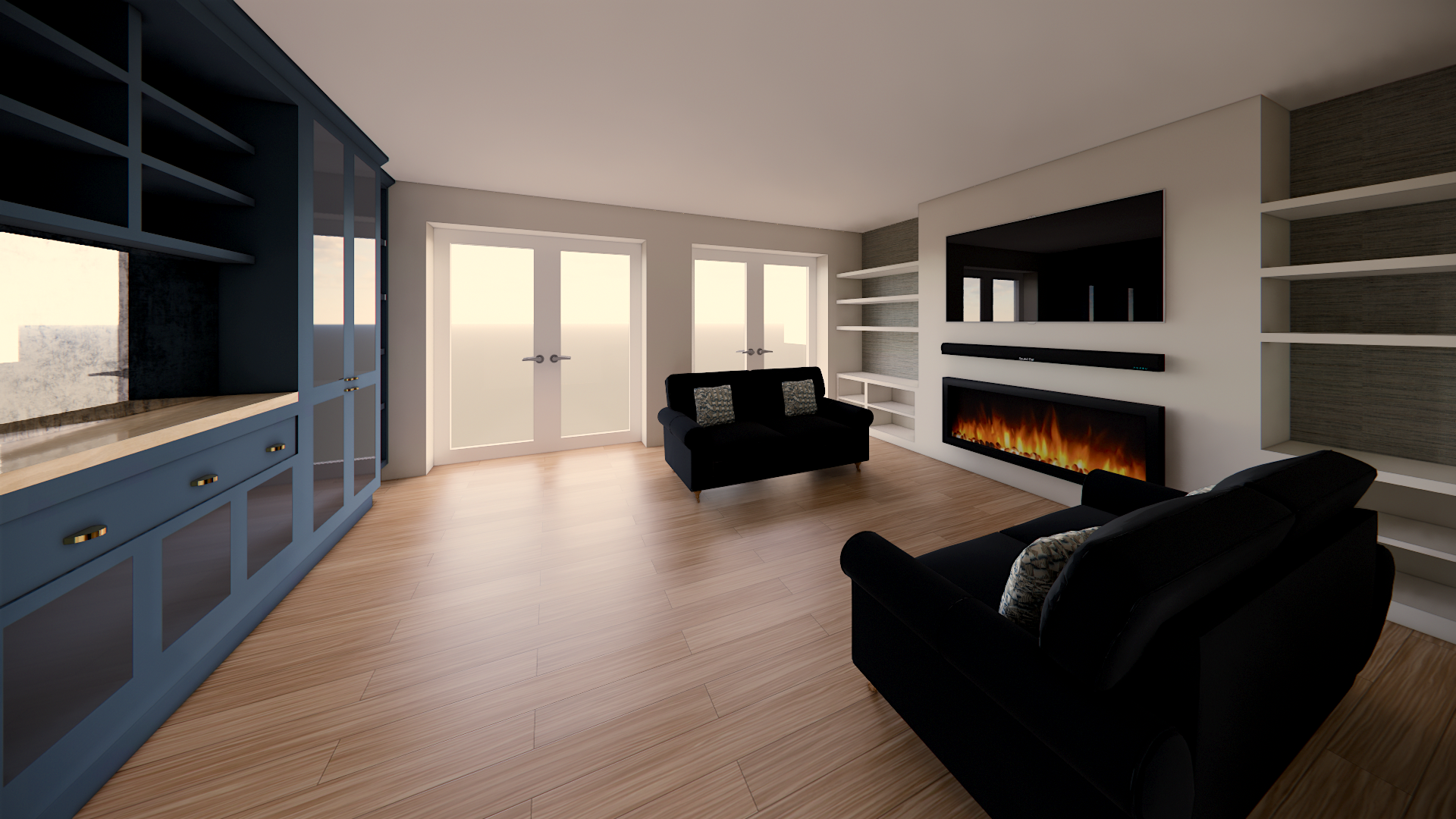 Glamorous Bath living room designed for entertaining with bespoke bar and contemporary fireplace