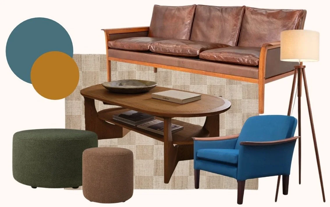 Vintage sofa and mixed-style furniture in an eclectic living room combining Art Deco glamour with contemporary design