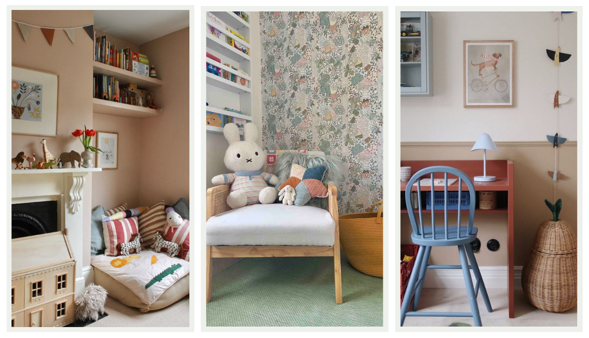 Child's bedroom with a reading corner and desk creating a flexible space for homework and creativity.
