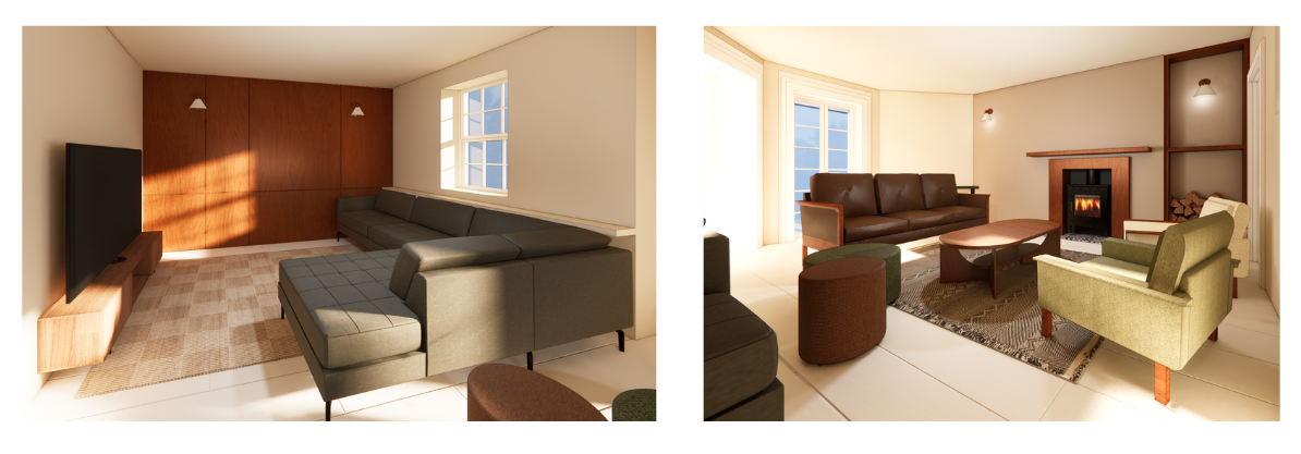 Elegant seating area with a sofa, armchairs and layered textures creating a welcoming living space.