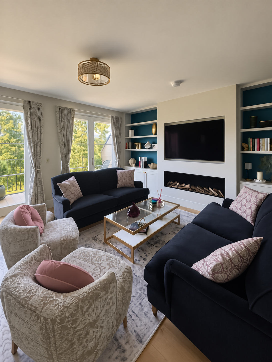 Glamorous living room redesign in a Bath Georgian-style townhouse with bespoke bar and fireplace