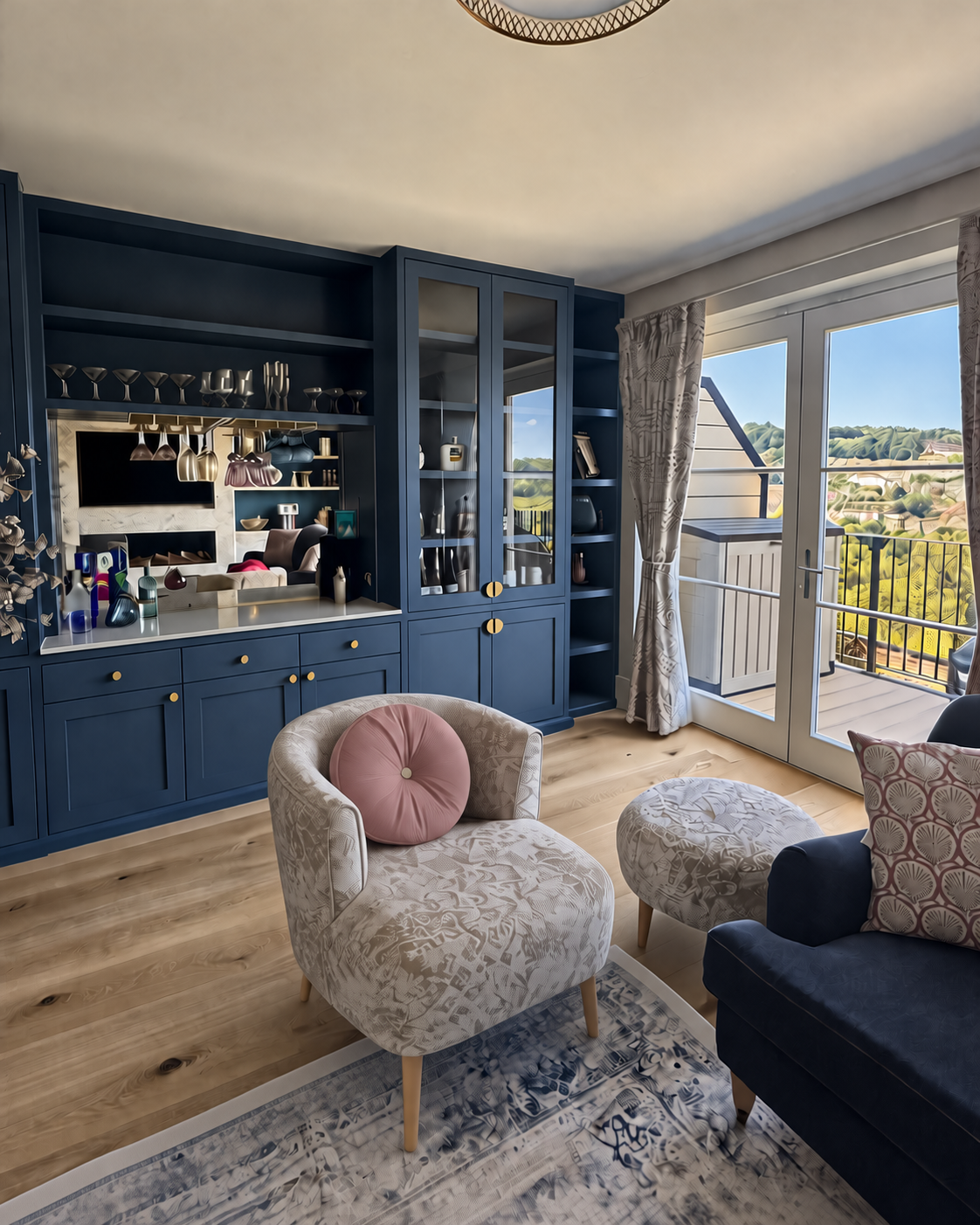 Bath townhouse living room with bespoke bar, integrated storage and contemporary electric fire
