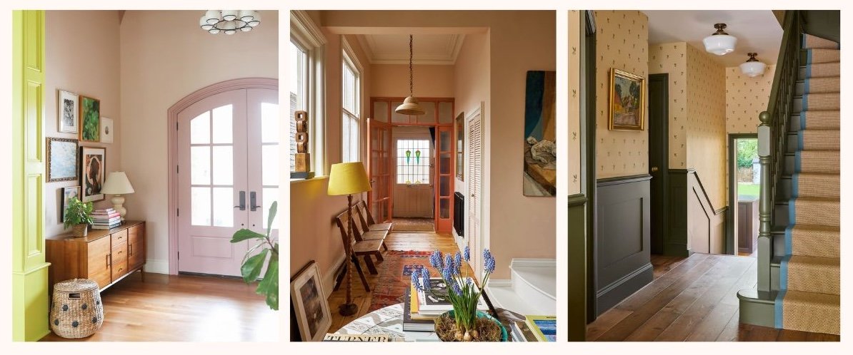 Elegant hallway interior with colourful wallpaper, practical storage and a runner