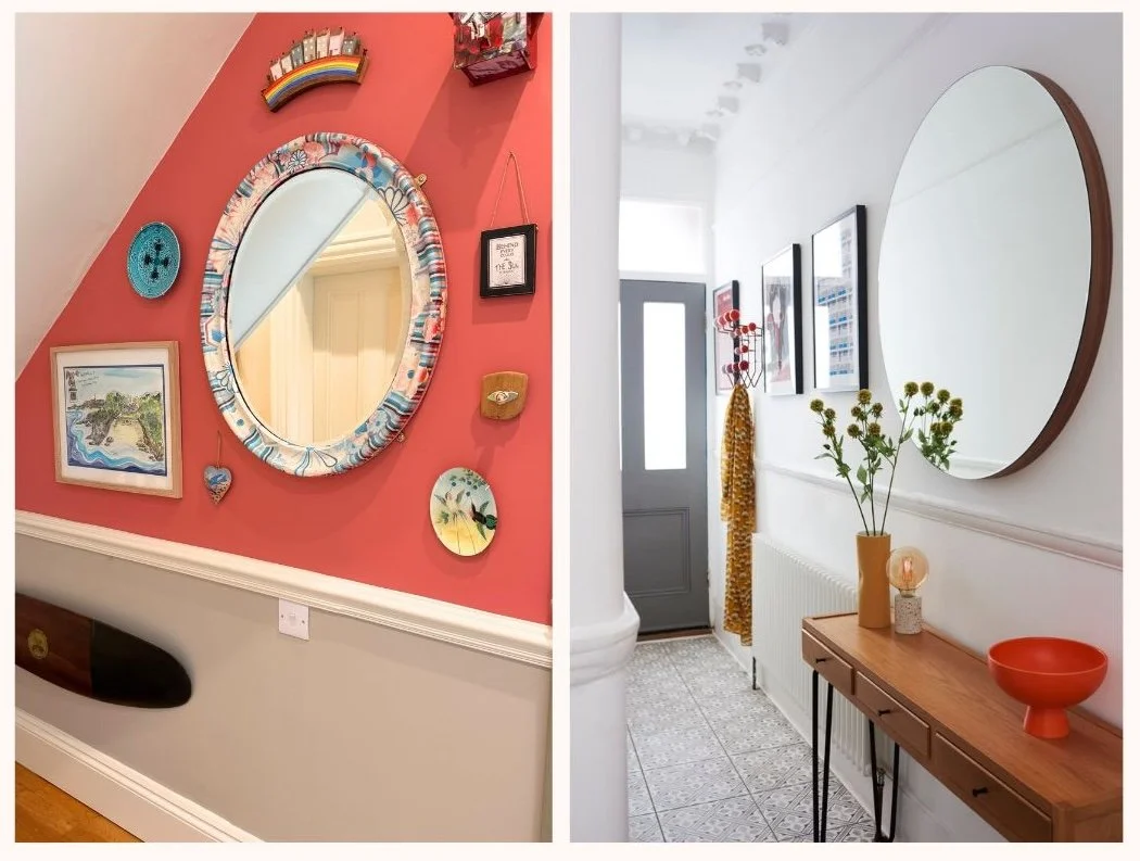 Stylish hallway design with console table, mirror, lamp and decorative accessories