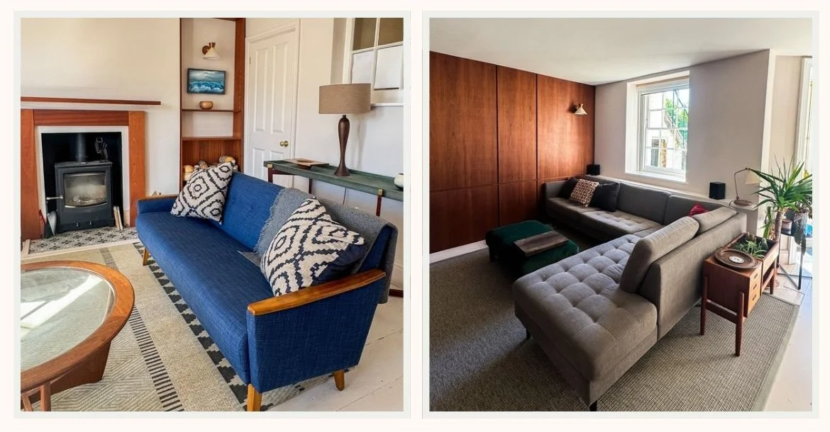 Wooden wall panelling in a Modern Deco living room, adding warmth, texture and character to the interior