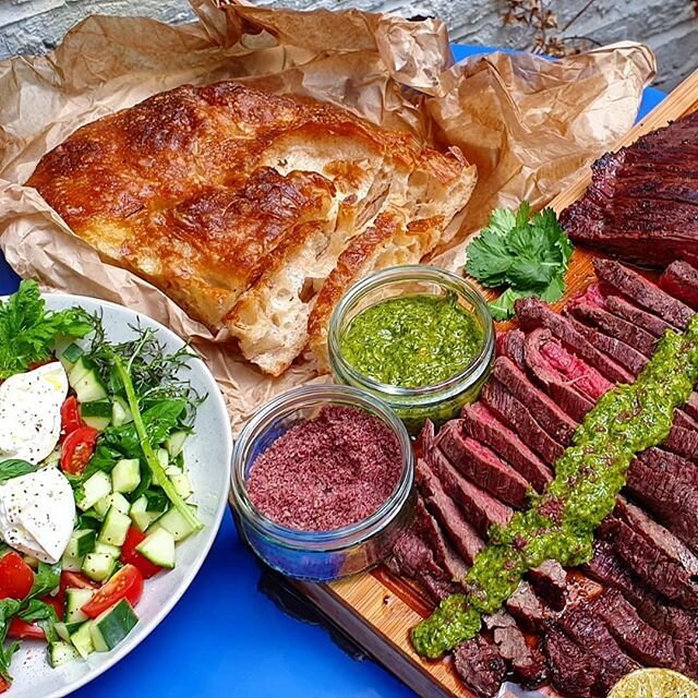 Wow, just look at this!!
All the below available @brookgreen_mk today till 7:30!
.
.
.
Photo and amazing inspo by
@drdickyd Today's BBQ, bavette steak, marinaded in red wine, garlic and rosemary. Served with a chimichurri, burrata salad and focaccia.