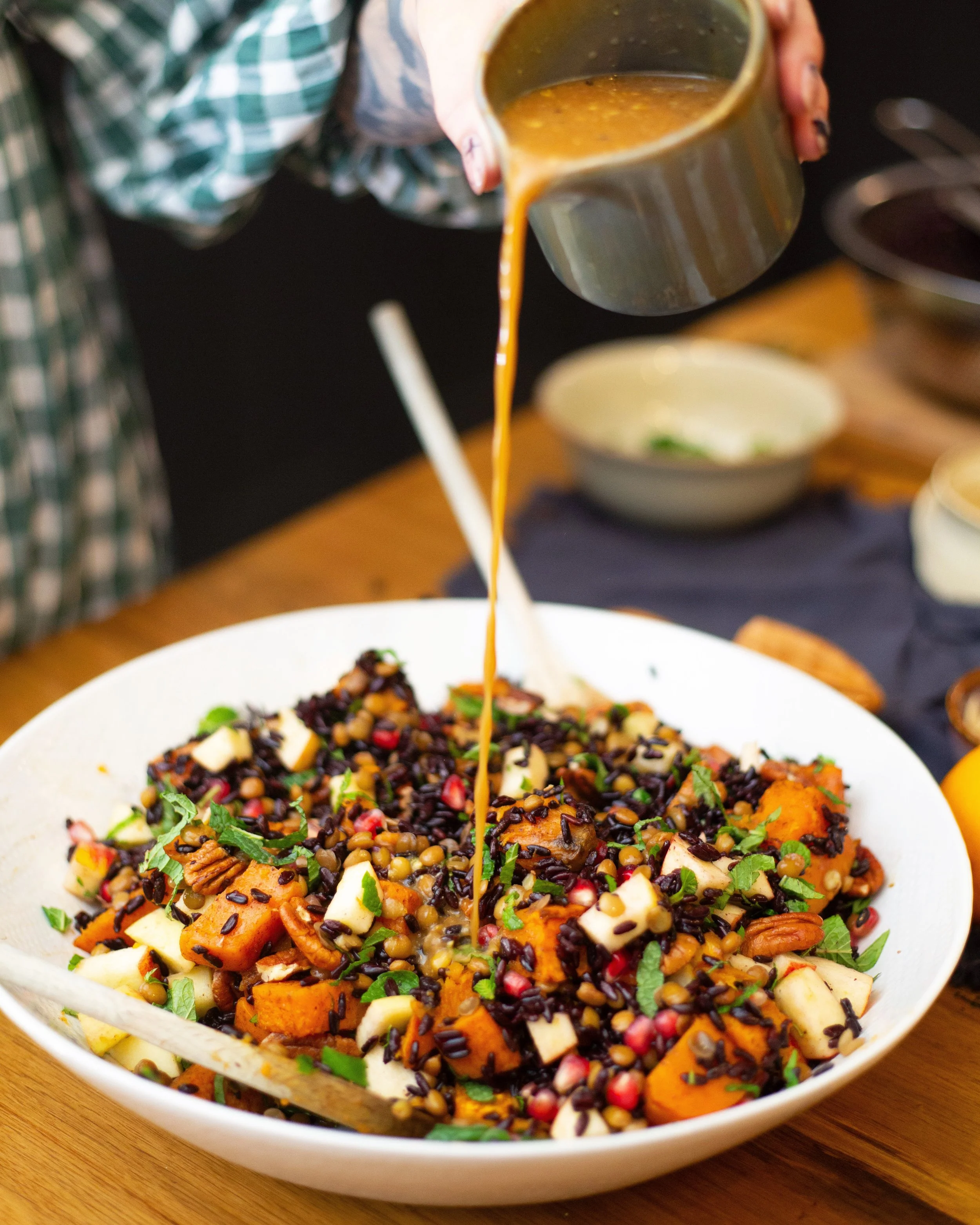 Cinnamon Roasted Sweet Potato, Black Rice Salad with Apple, Pecans & Pomegranate with a Dijon Orange Dressing