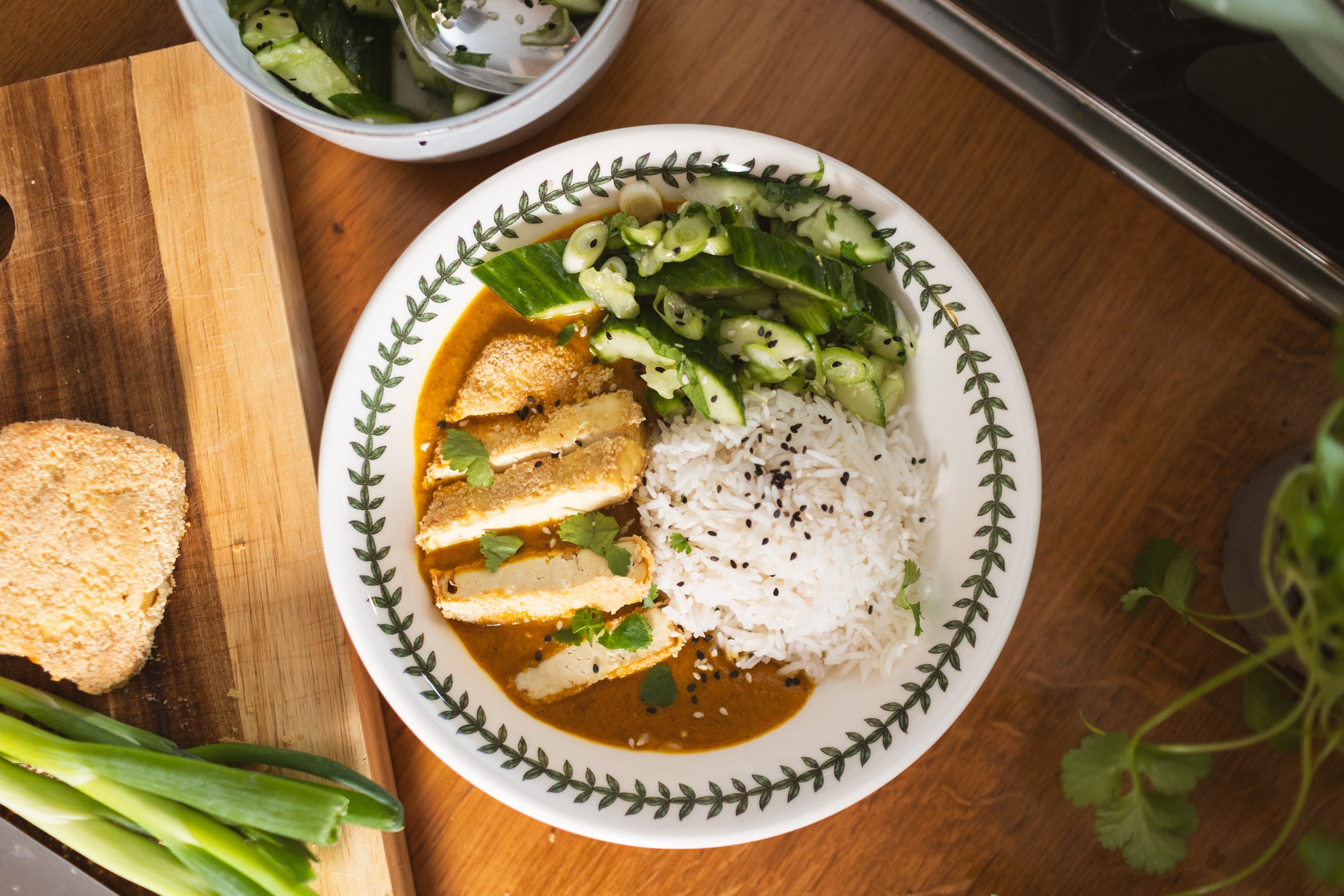 Almond Crust Tofu, Katsu Curry &amp; Smashed Cucumber Salad (Gluten Free &amp; High in Fibre)