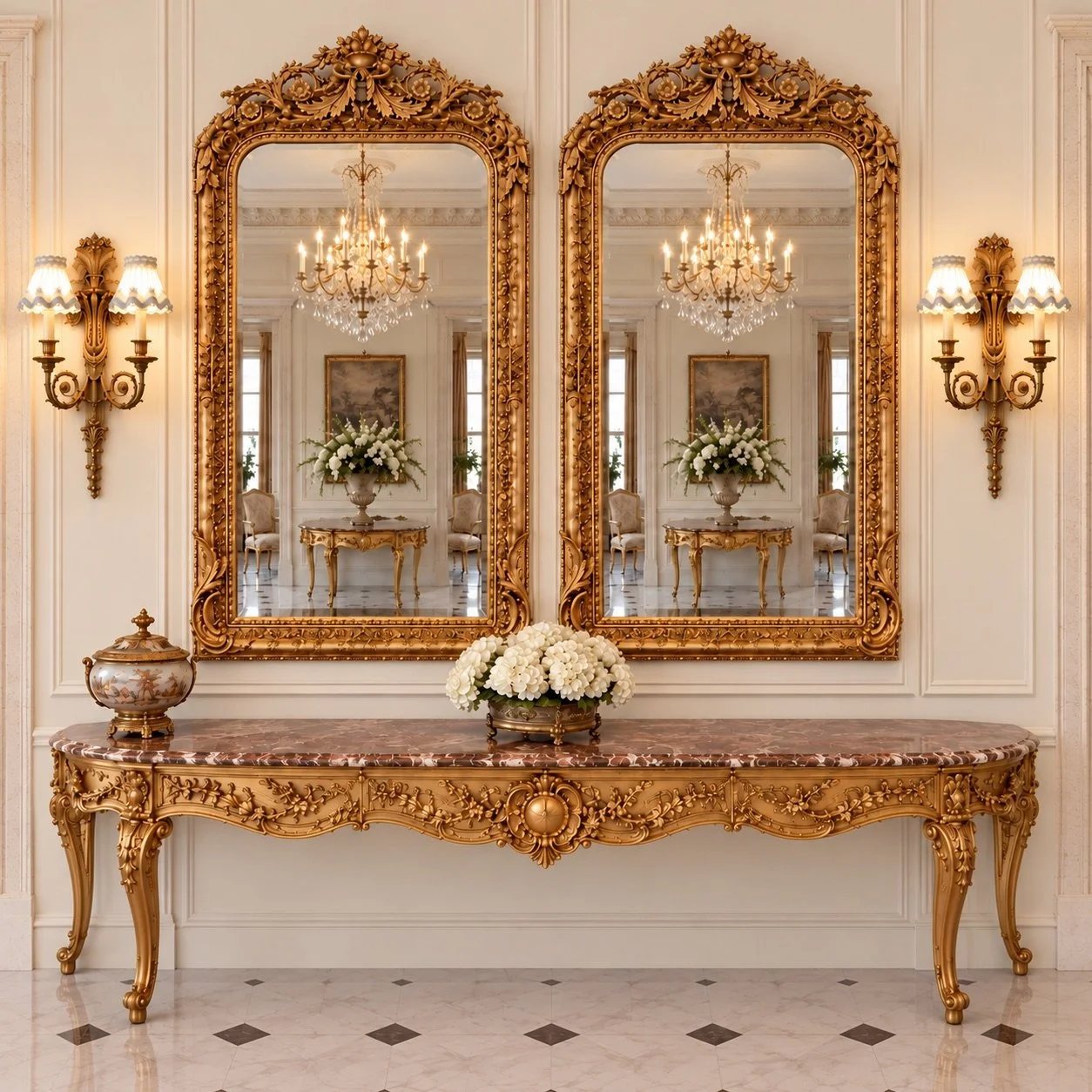 French Louis XVI Gold Cherub Floor Mirrors Pair