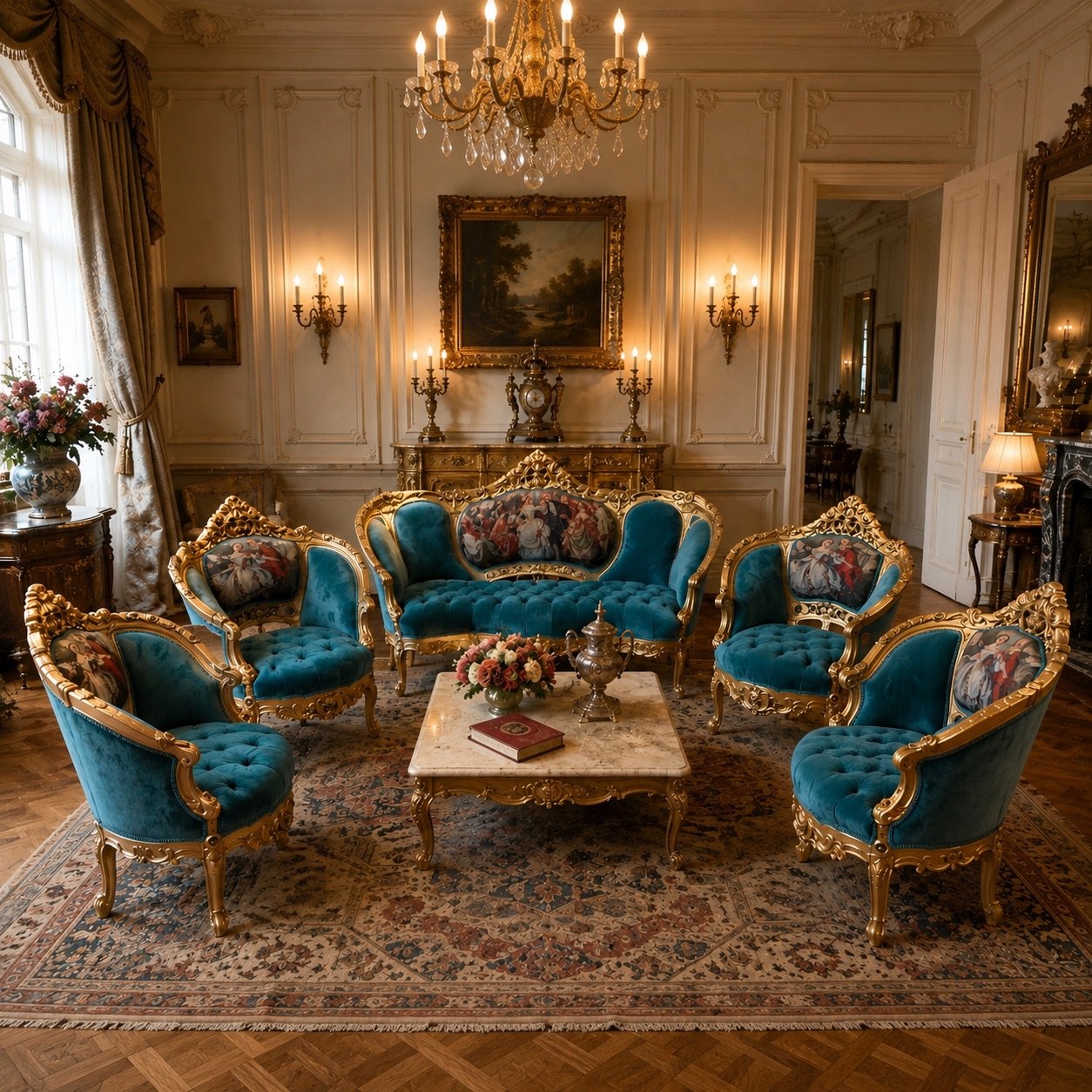 Antique 1900s French Louis XVI Gold Velvet Sofa Set 5Pc
