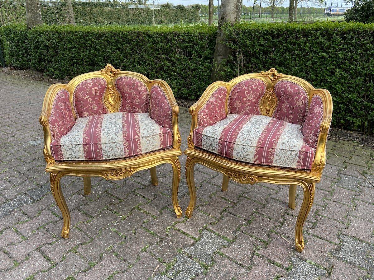 Set of french louis xvi damask arm chairs 1