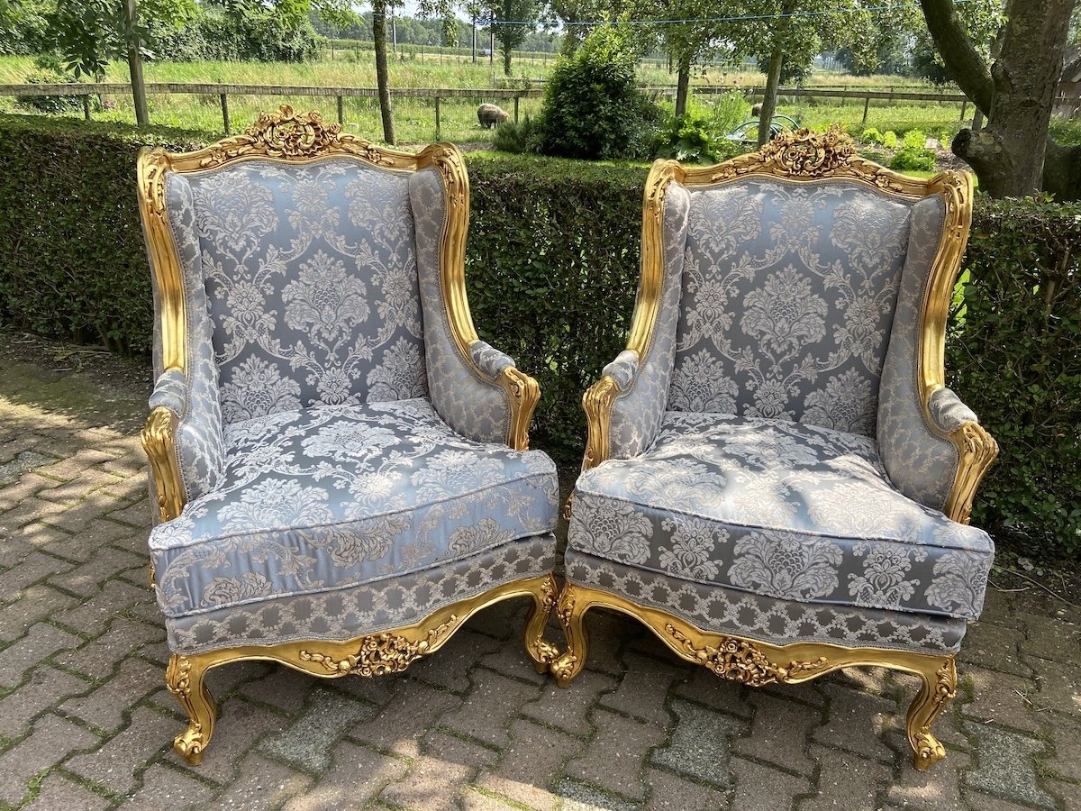 Set of french louis xvi damask arm chairs 1