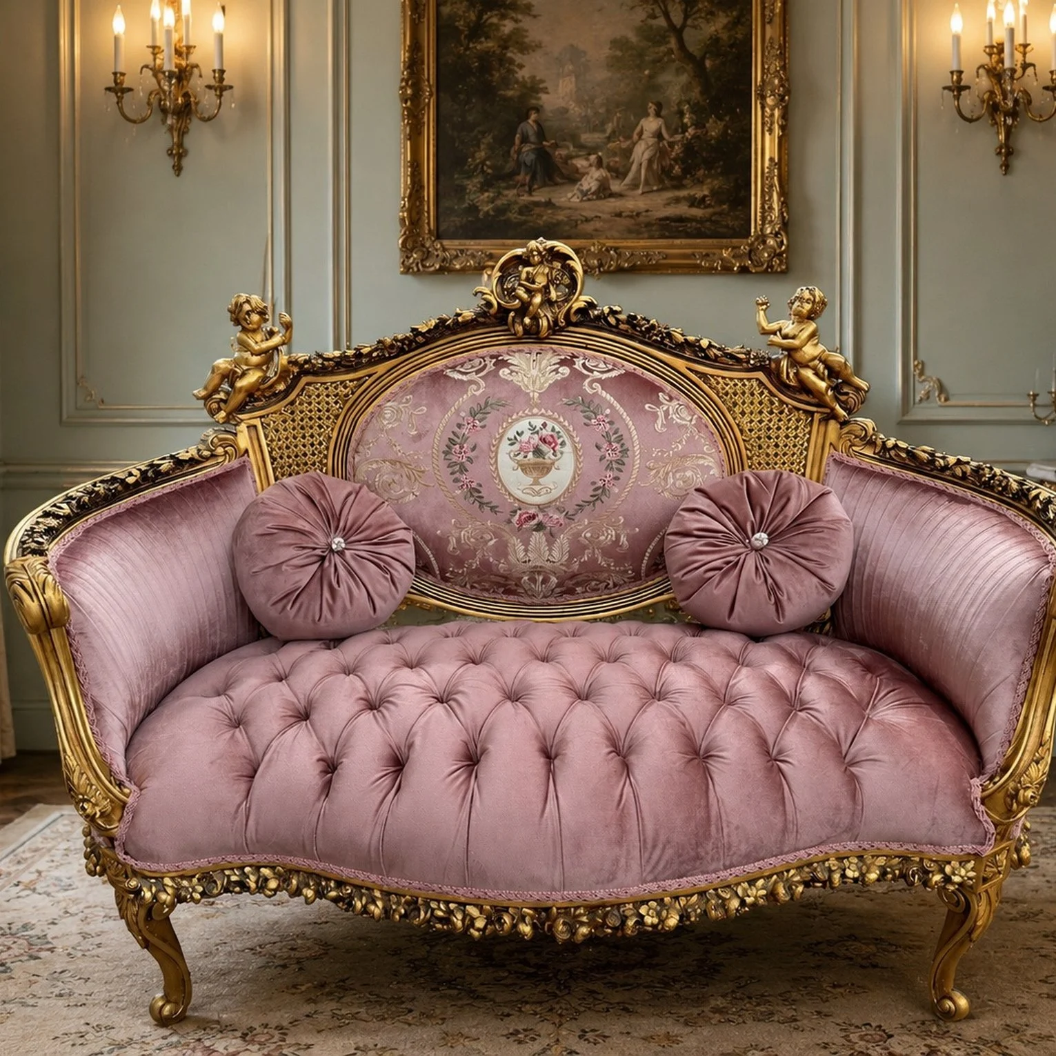 French Louis XVI Gold Beech Rose Velvet Sofa 1940