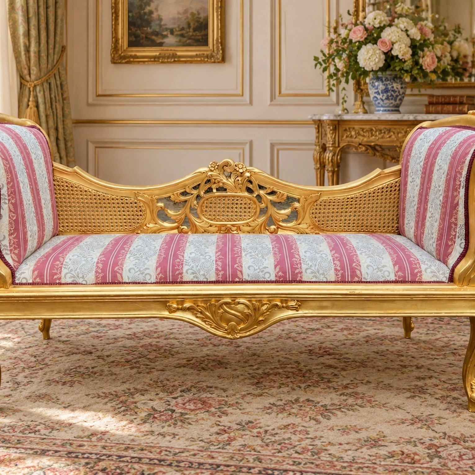 1960s French Louis XVI Gold Cane Damask Settee