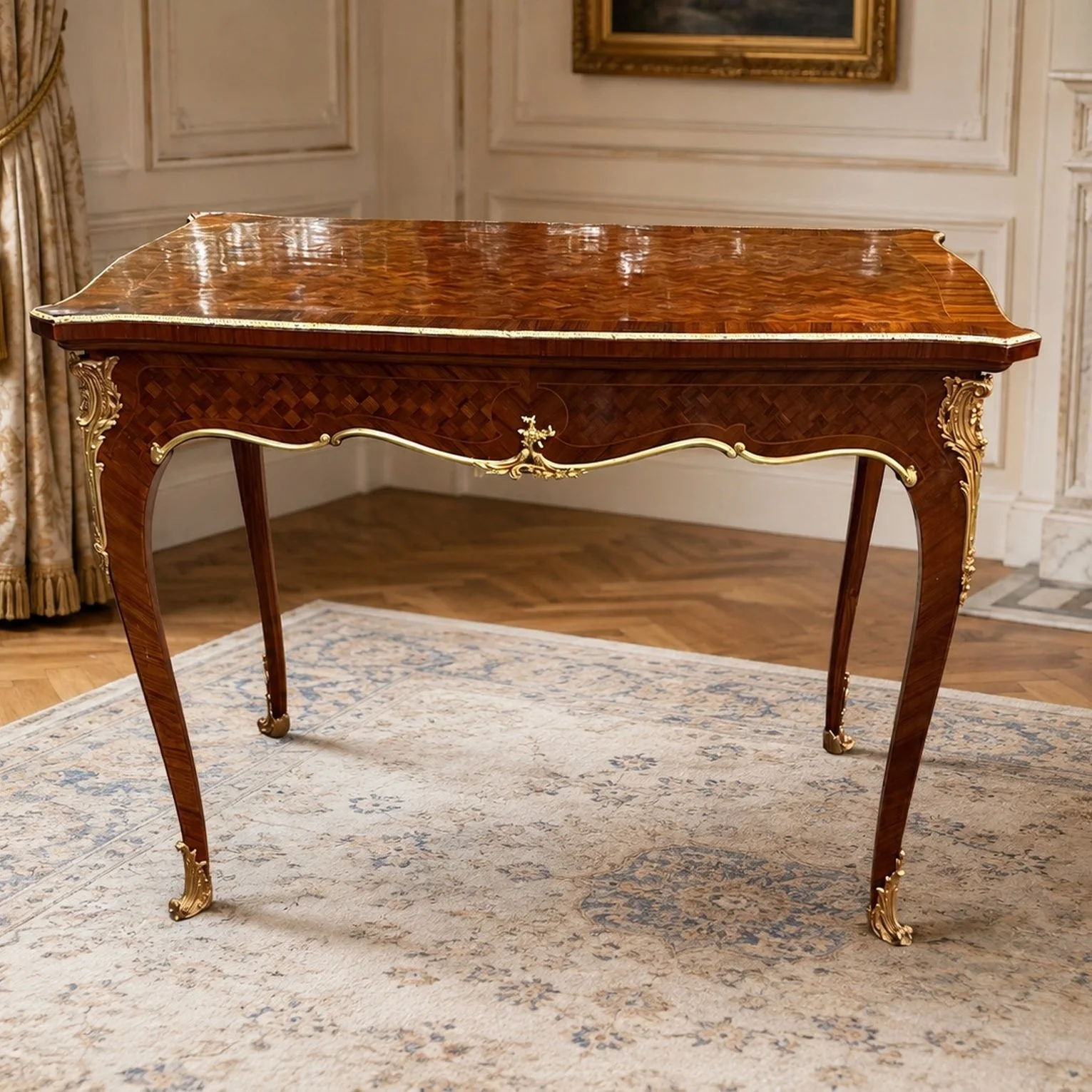 Antique 1840s French Mahogany Table – Marquetry & Gilt Bronze