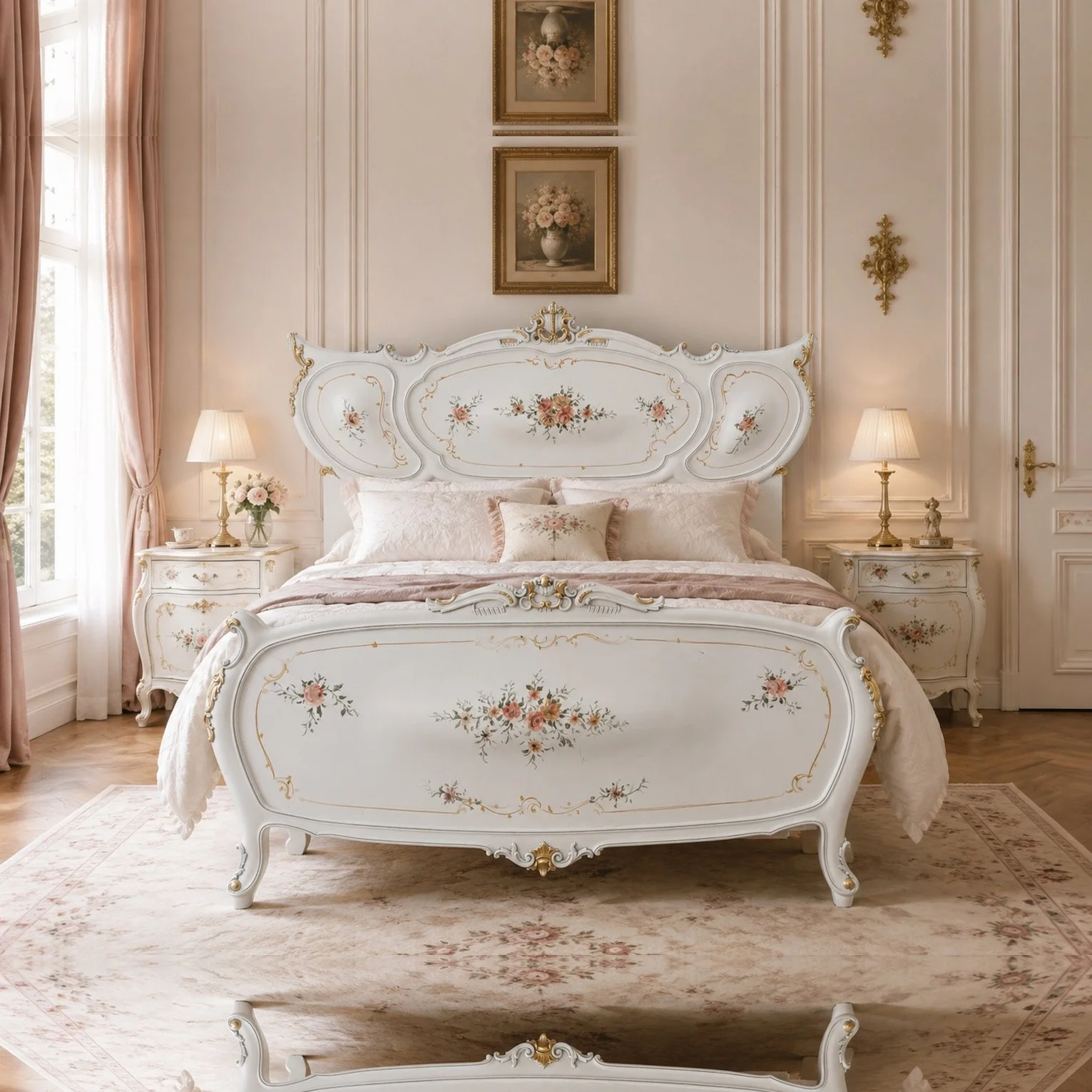 1950s Italian Venetian White Beech Queen Bedframe