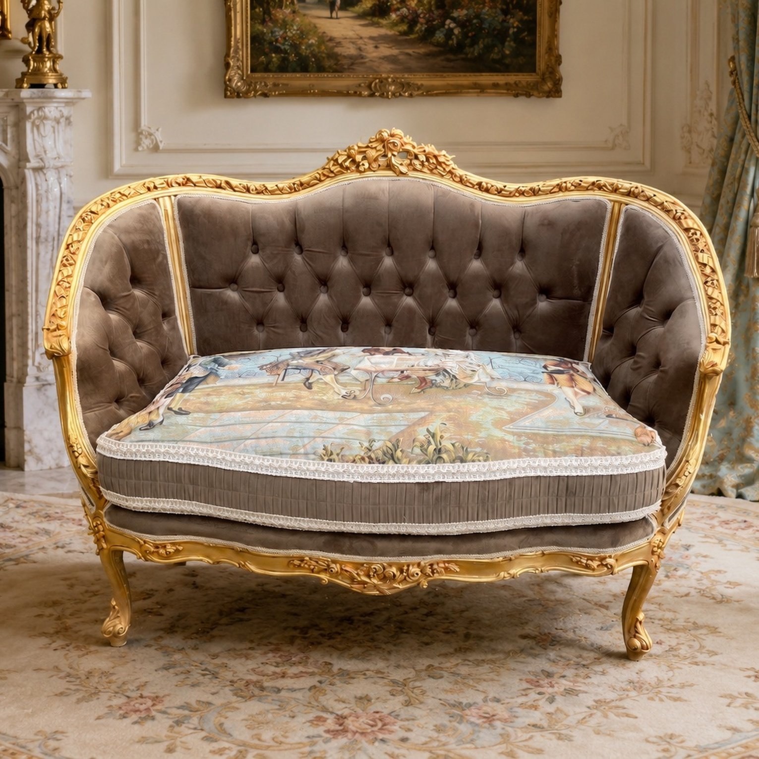 French Louis XVI Corbeille Sofa in Brown Velvet & Gold Leaf