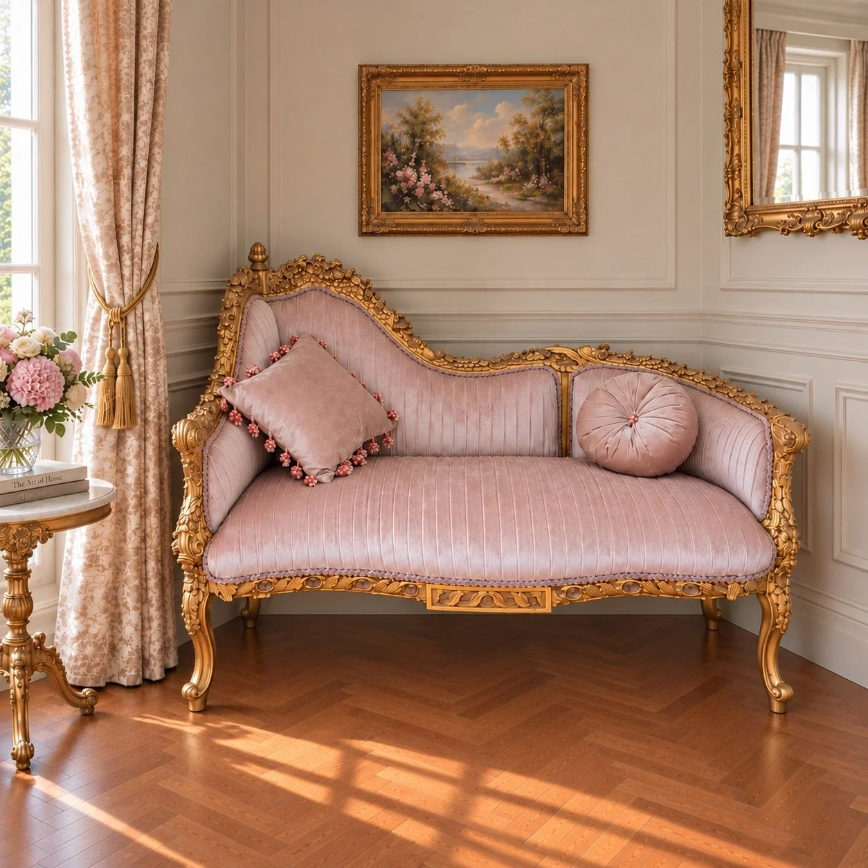 French Louis XVI Pink Velvet Gold Corner Settee