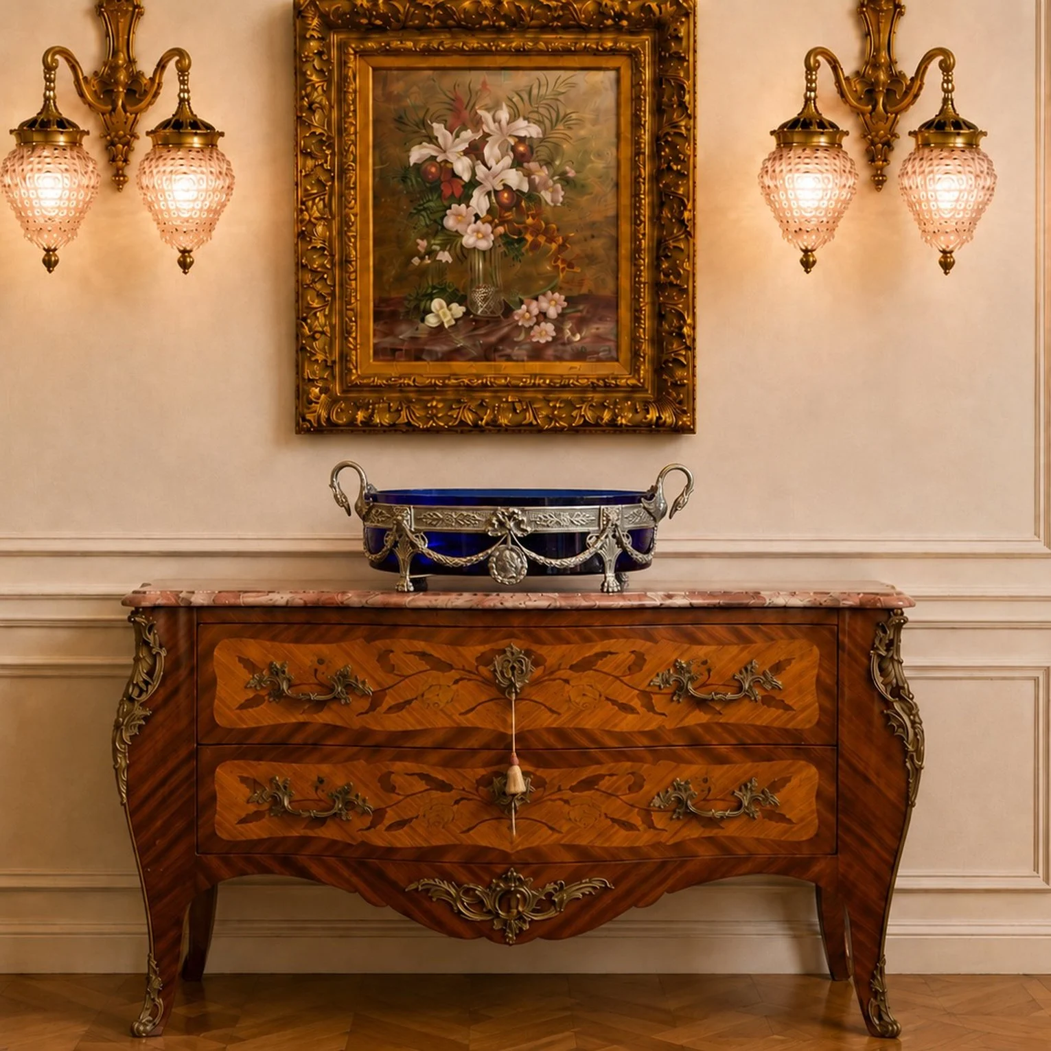 1900s French Louis XVI Marble Inlaid Commode