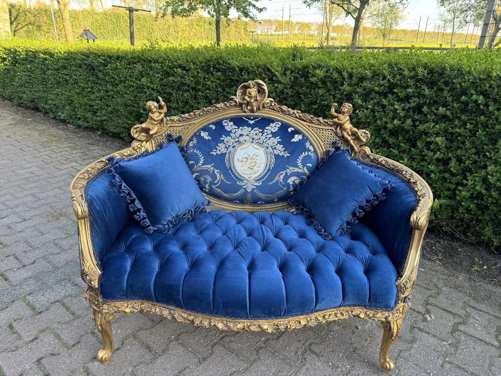 French Louis XVI Gold Blue Velvet Beech Sofa 1940