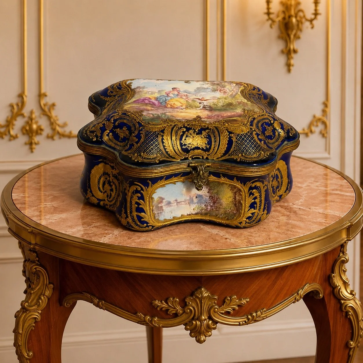 1860s Sèvres Rococo Blue Gilt Porcelain Jewelry Box