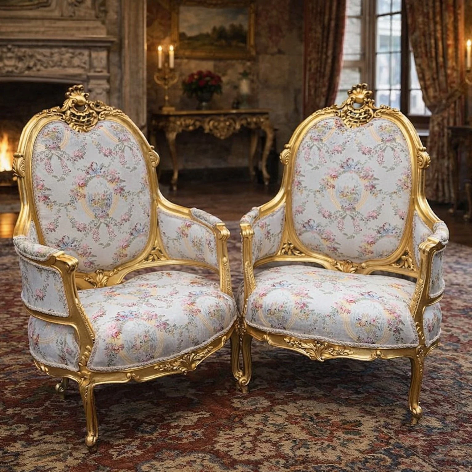 Vintage French Louis XVI Gold Damask Bergère Chair Pair