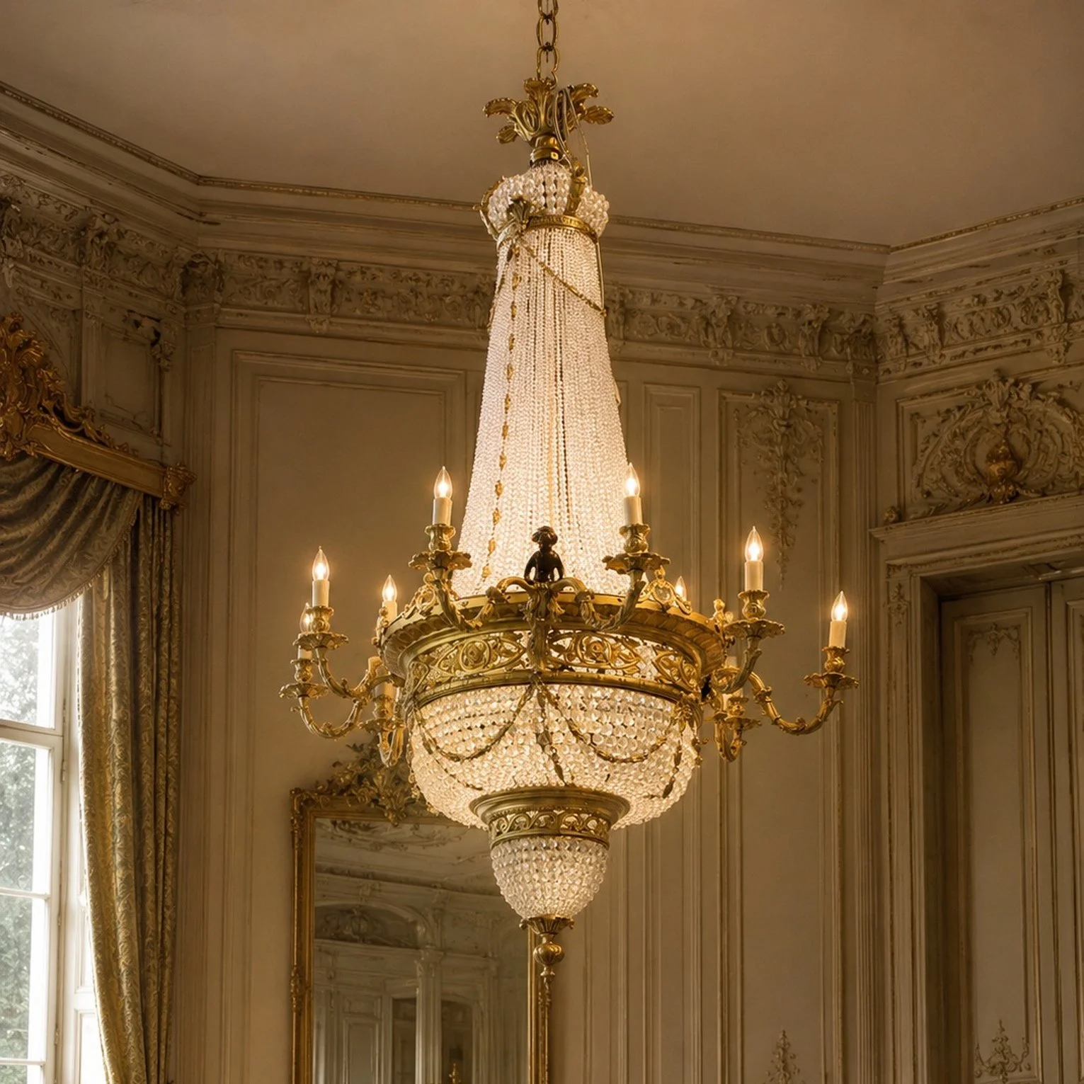 French Midcentury Louis XVI Bronze & Crystal Chandelier