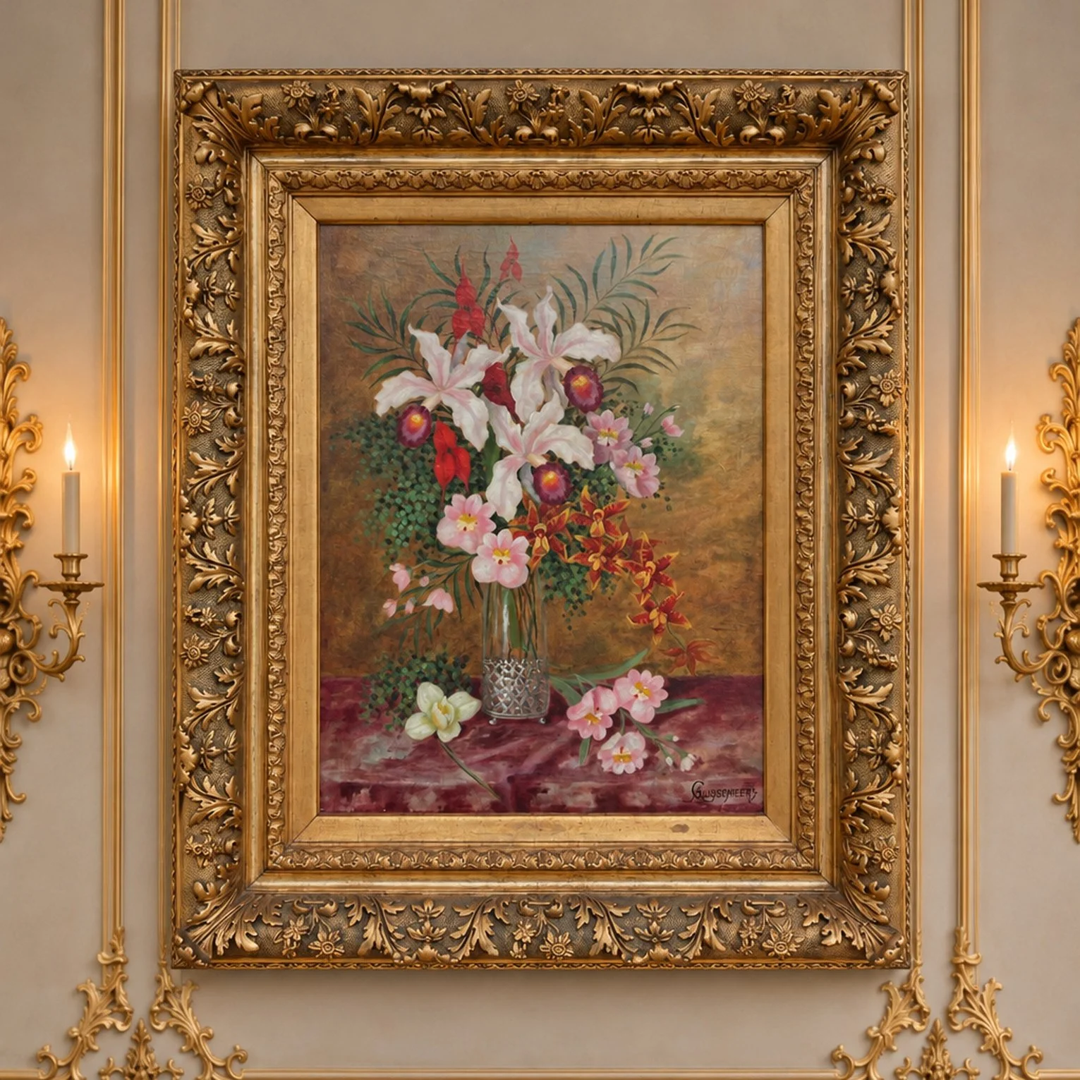 19thC Floral Still Life Oil Painting Gilt Frame