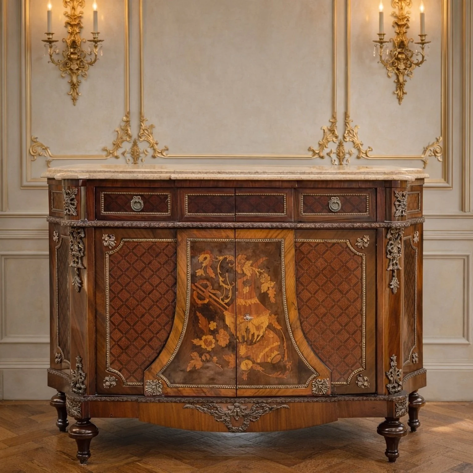 1880 French Louis XVI Mahogany Marble Bahut