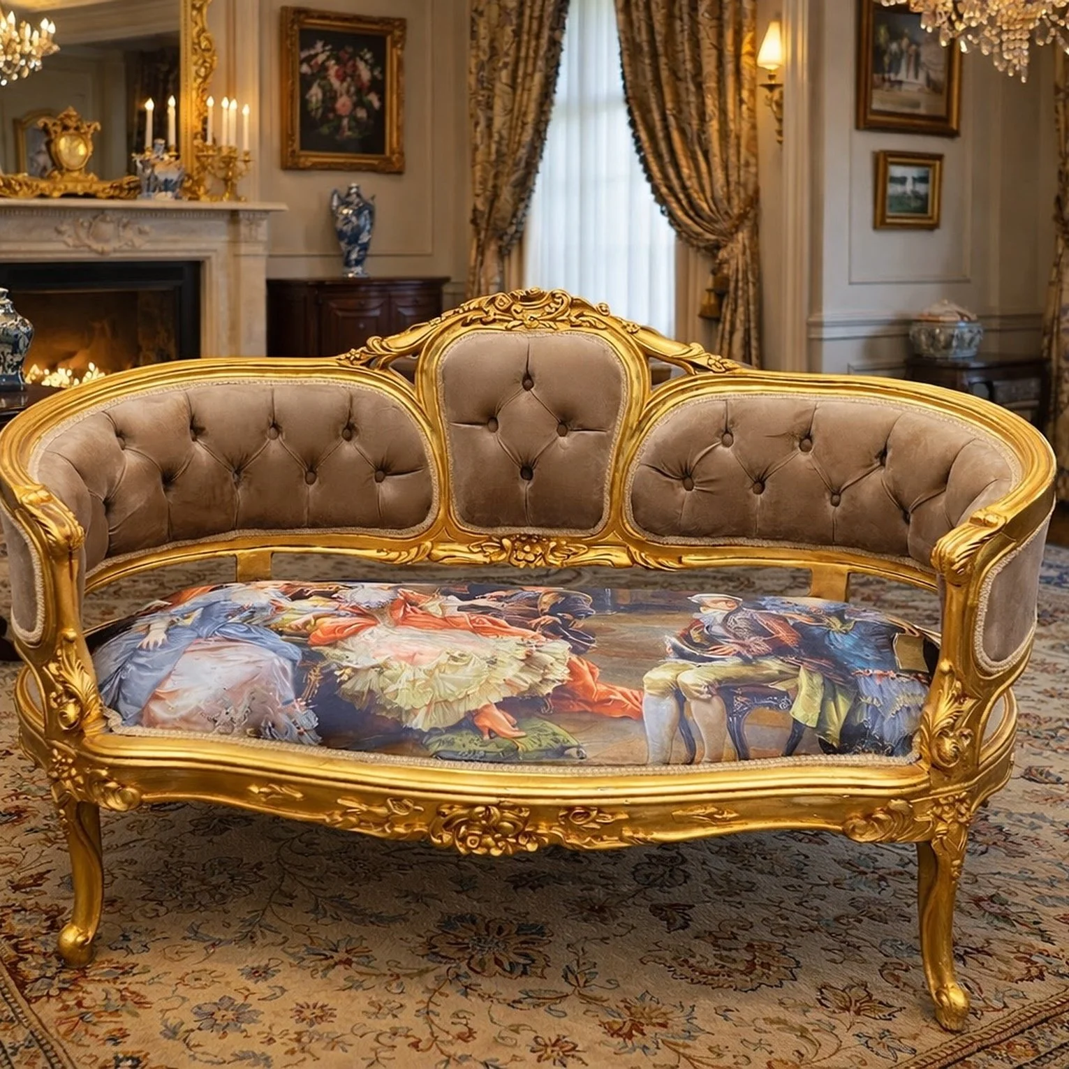 French Louis XVI Corbeille Settee in Coffee Brown Velvet and Scenery
