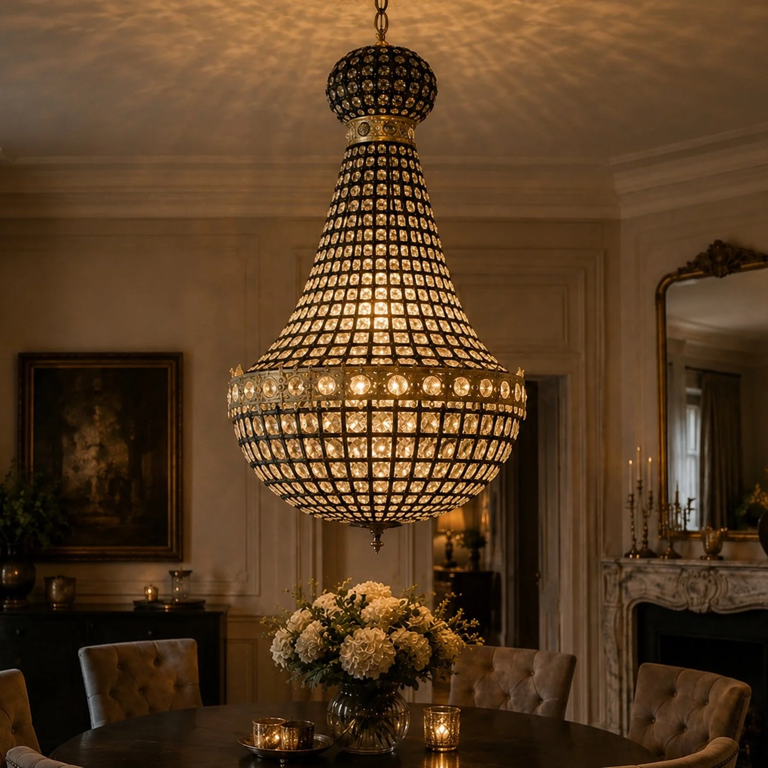French Louis XVI Black Gold Crystal Chandelier