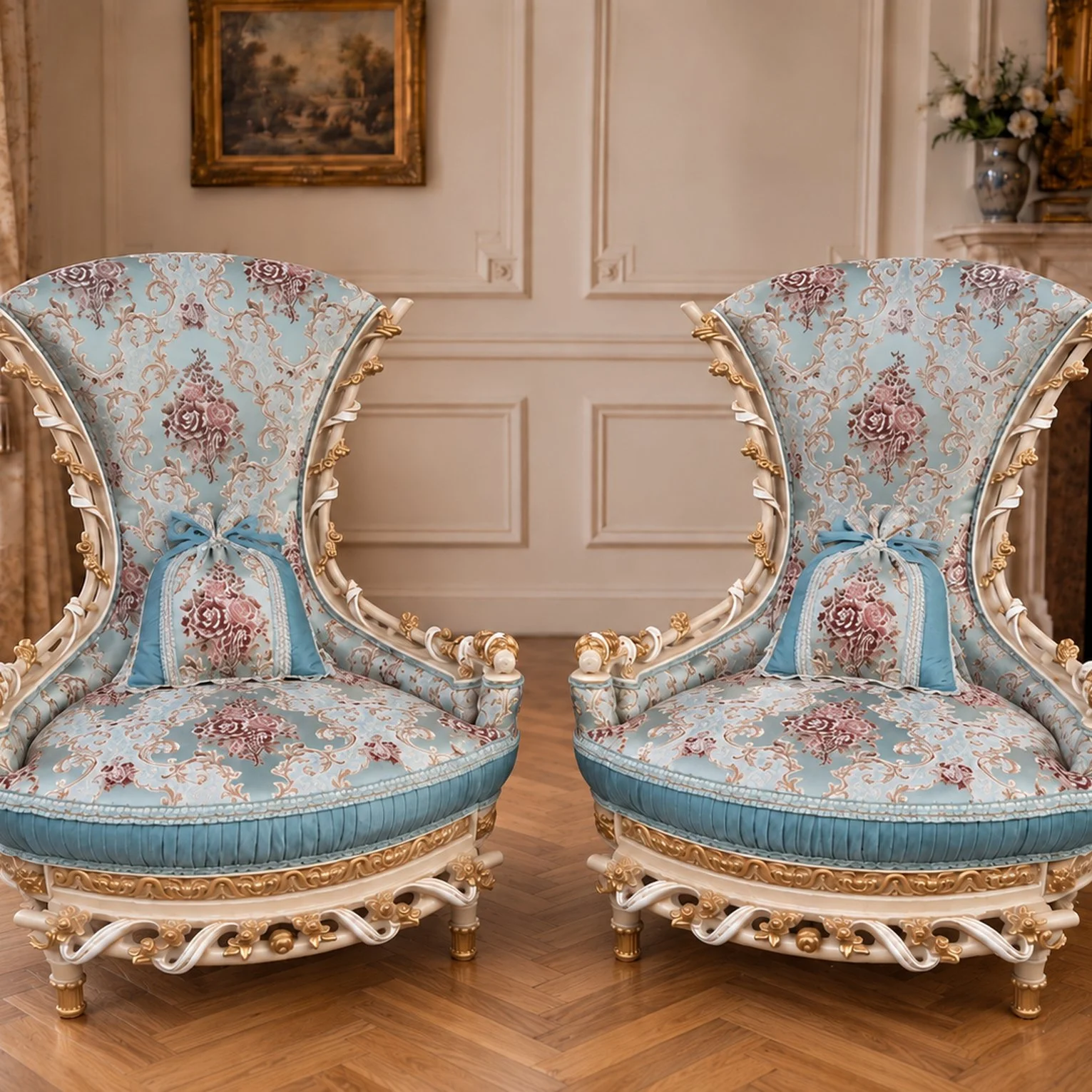 French Louis XVI White Turquoise Throne Chairs Pair