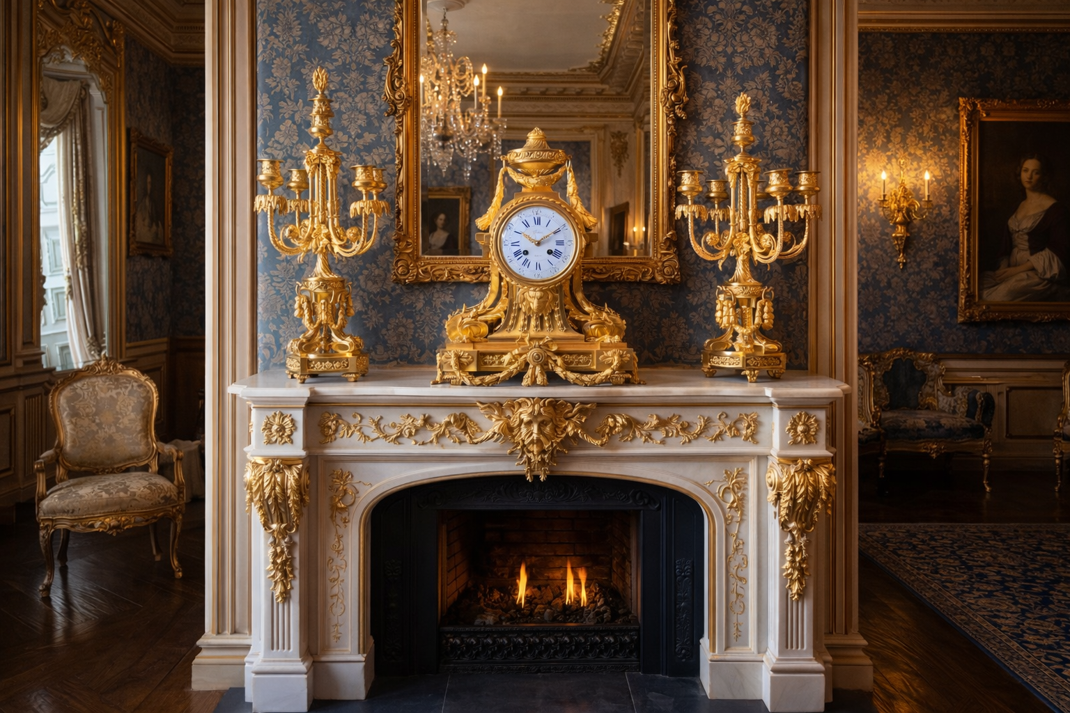 1860 Mougin Louis XVI Ormolu Clock & Candelabra Set