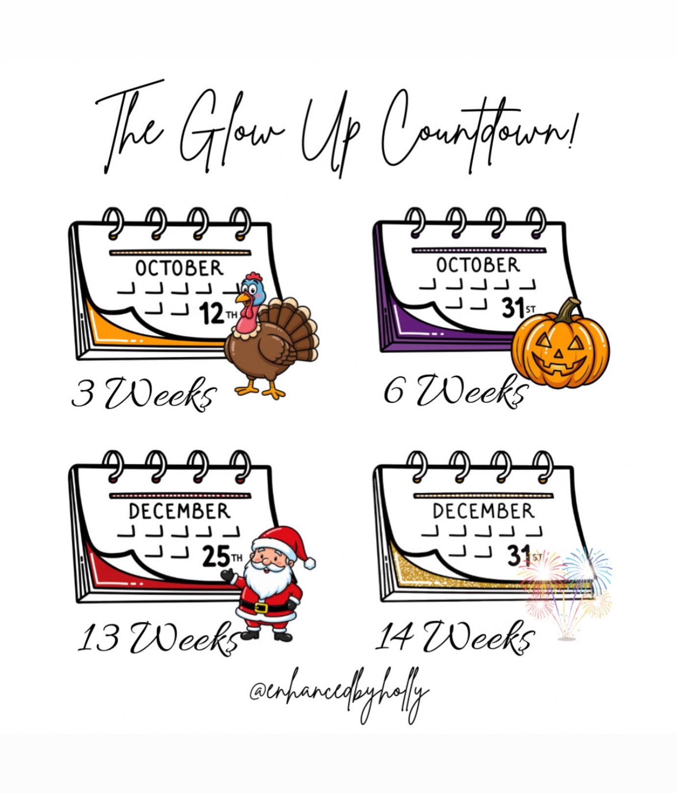 ✨ The Glow Up Countdown ✨.
.
The holiday season is right around the corner! Here is how your calendar is looking:
🦃 Thanksgiving: 3 weeks away
🎃 Halloween: 6 weeks away
🎄 Christmas: 13 weeks away
🥂 New Year&rsquo;s: 14 weeks away.
.
Whether you&r