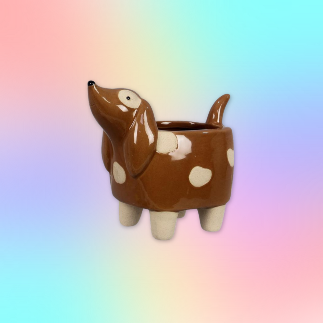 Spotted Brown Dog Ceramic Planter