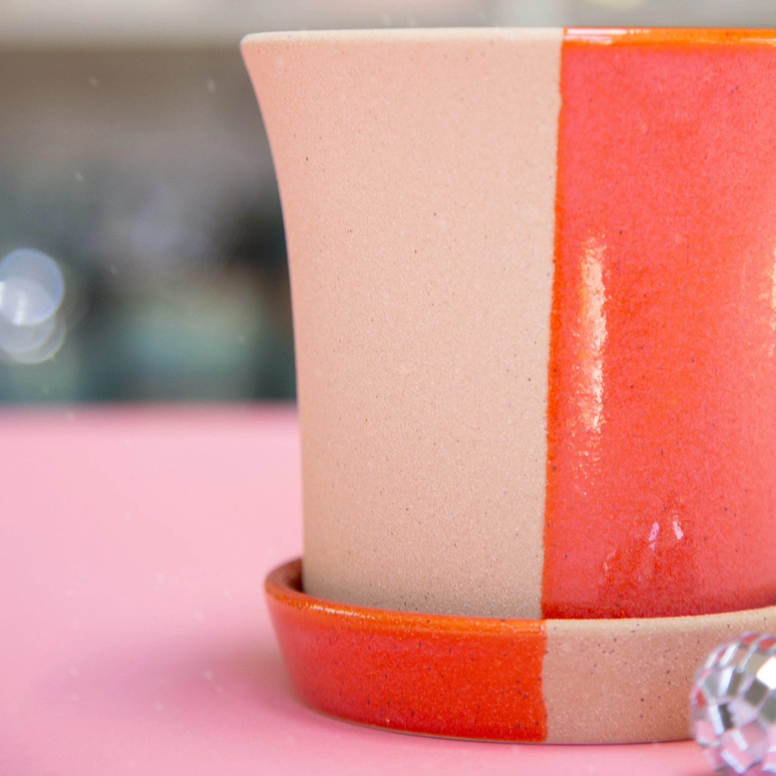 Rowen Pot with Saucer - Orange and Stoneware