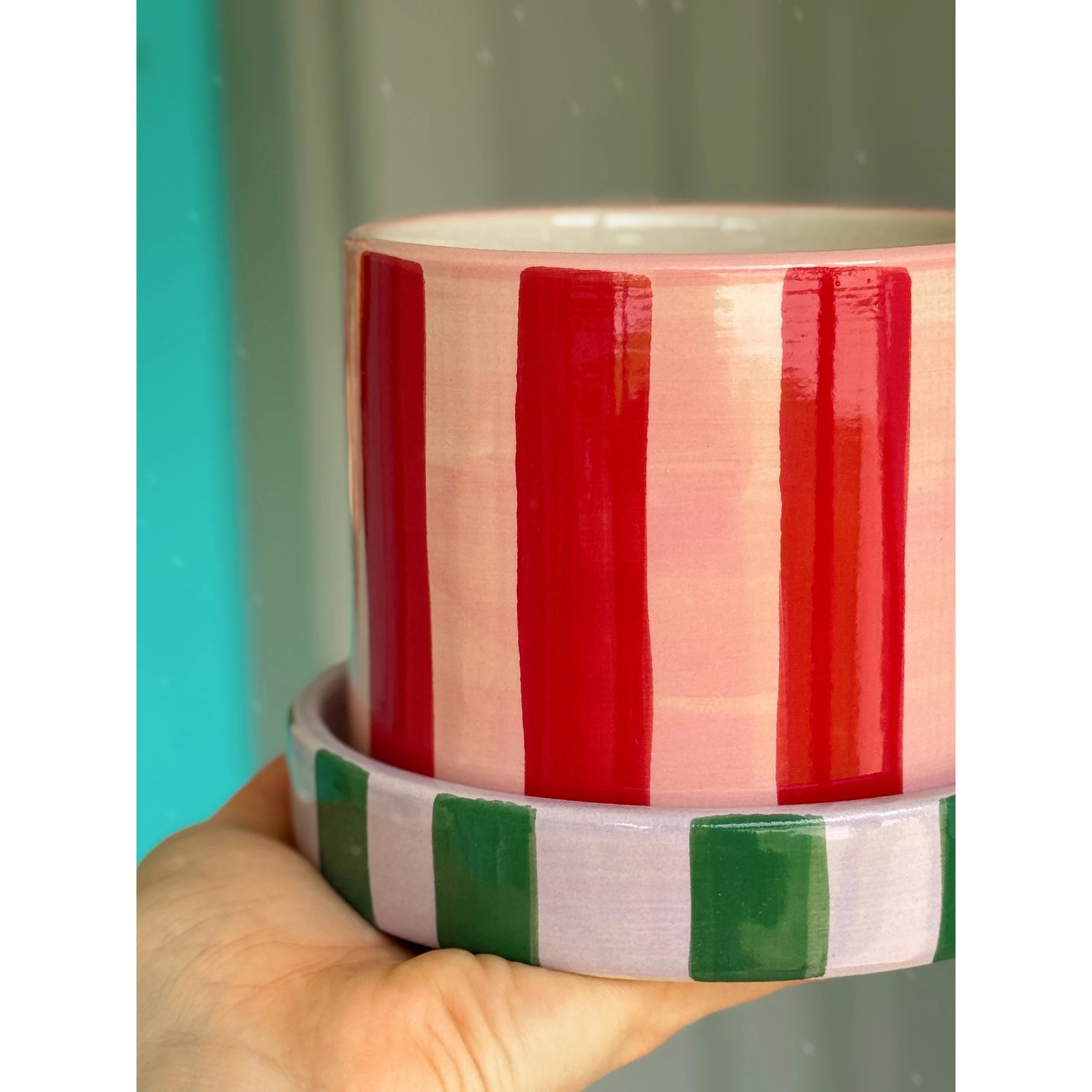 Joyelle Multi Color Stripe Pot with Saucer