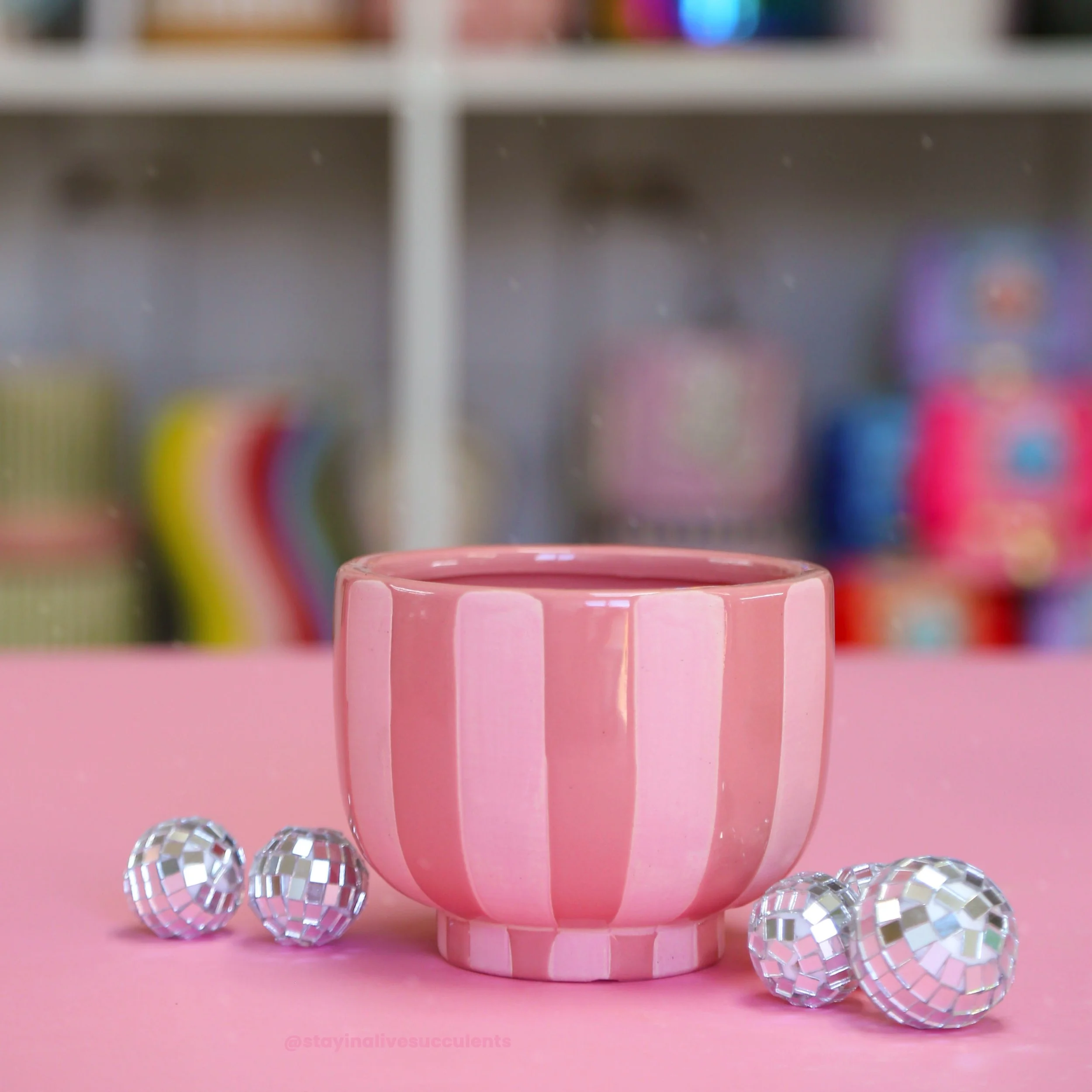 Candy Pink Striped Ceramic Planters 4" Compote