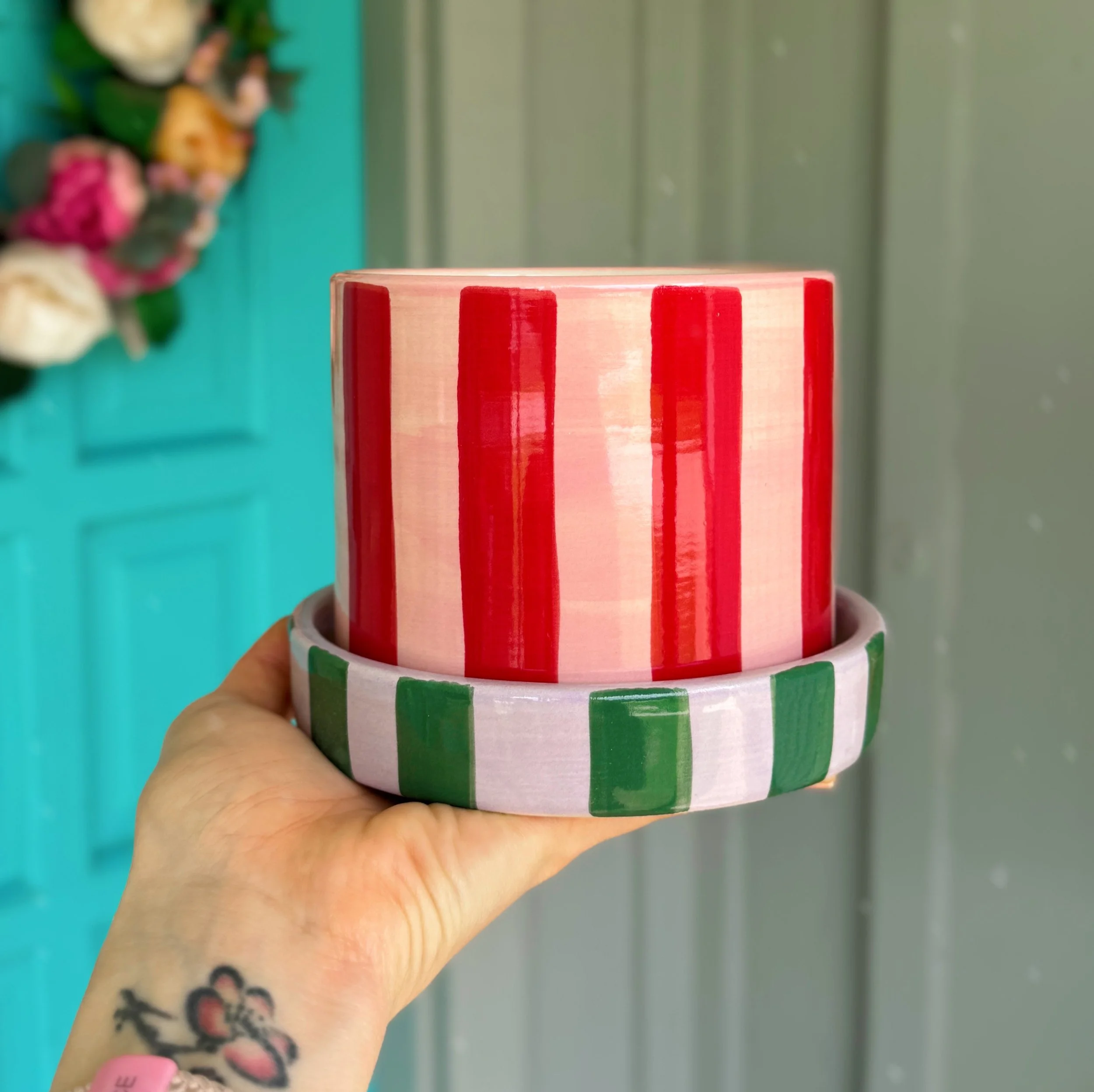 Joyelle Multi Color Stripe Pot with Saucer 5"