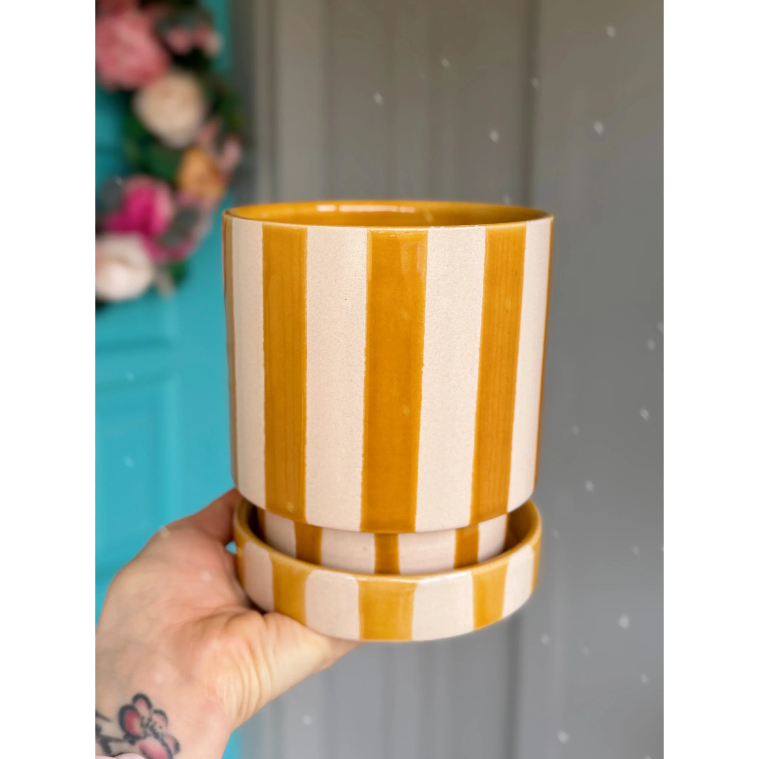Saffron Stripe Pot with Saucer