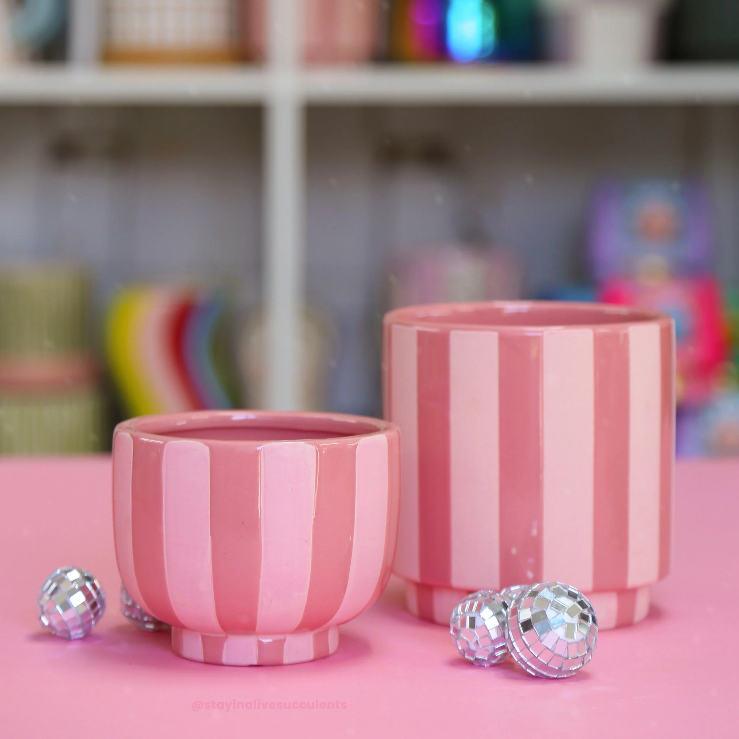 Candy Pink Striped Ceramic Planters 4" and 5"