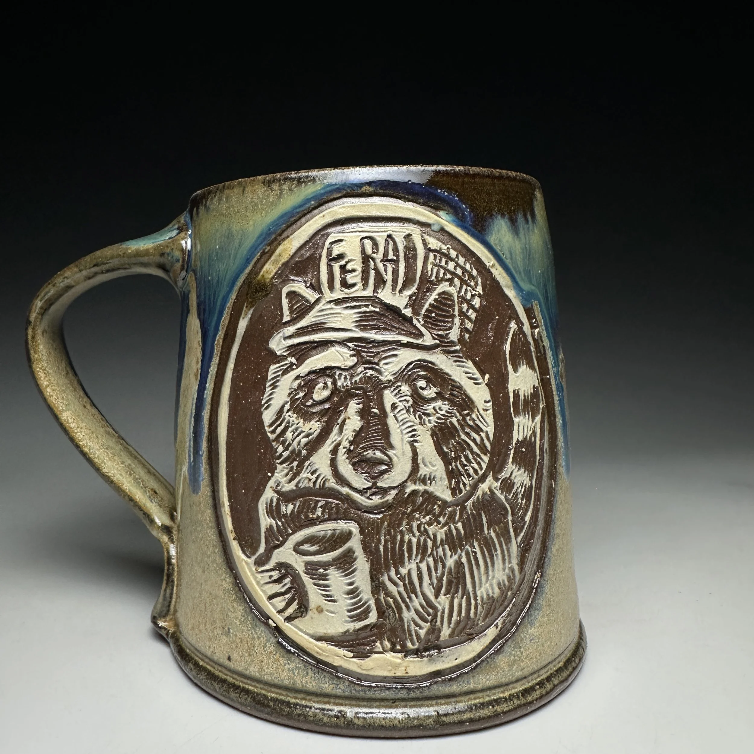Hand Carved Feral Raccoon Mug