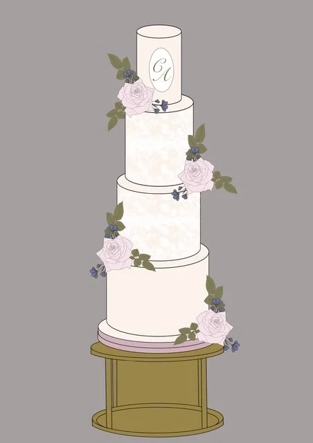 A five-tier white wedding cake decorated with light purple roses, dark purple berries, and green leaves, placed on a wooden stand, set against a gray background.